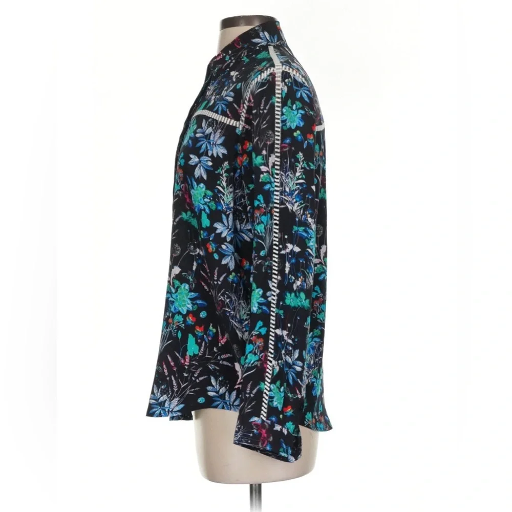 The Kooples Silk Black Floral Blouse with Teal, Blue & Pink Accents